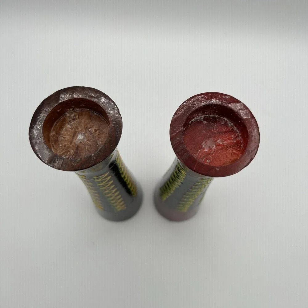 Hand Painted Wooden Candlestick Holders‎ OS Red Brown Tribal Pattern Set